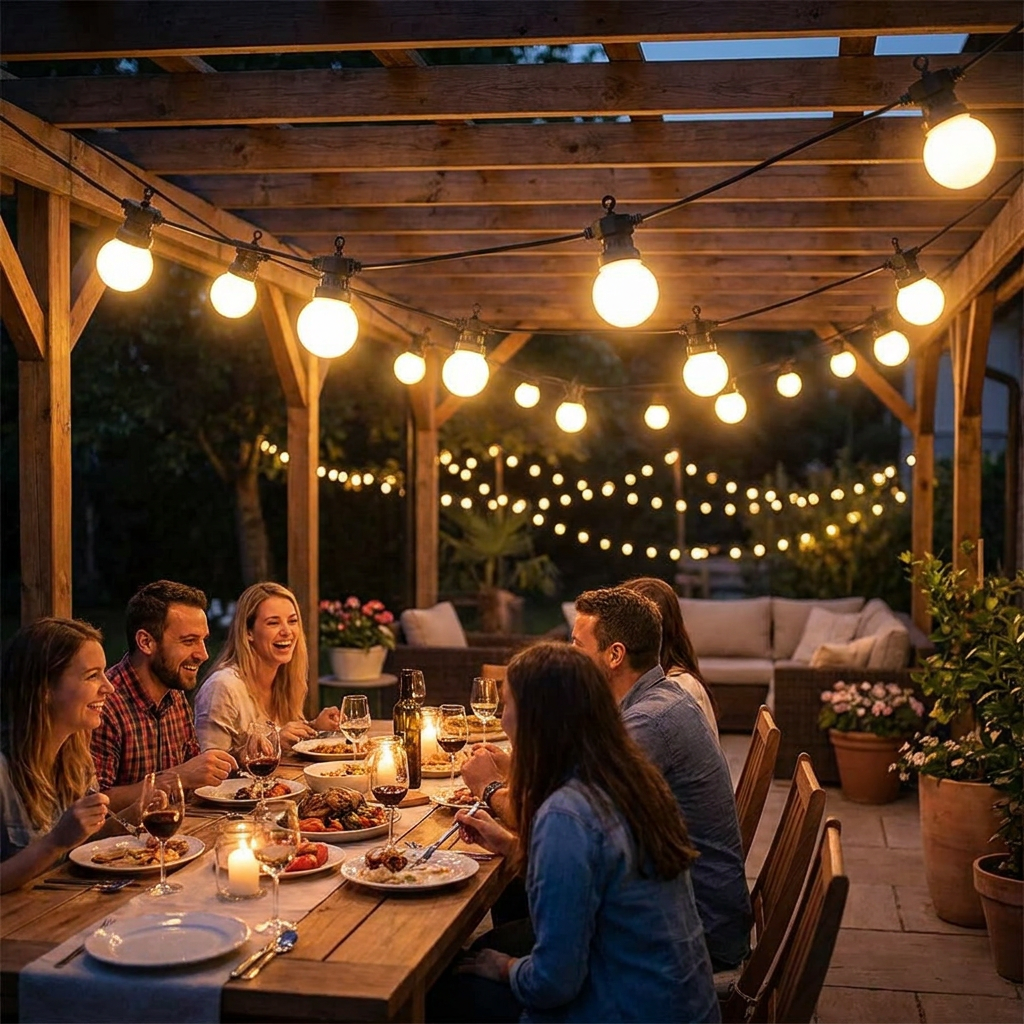 100ft G50 Globe String Lights strung across an outdoor patio at night