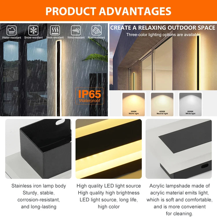 7W–42W IP65 Linear LED Wall Lamp, Indoor/Outdoor