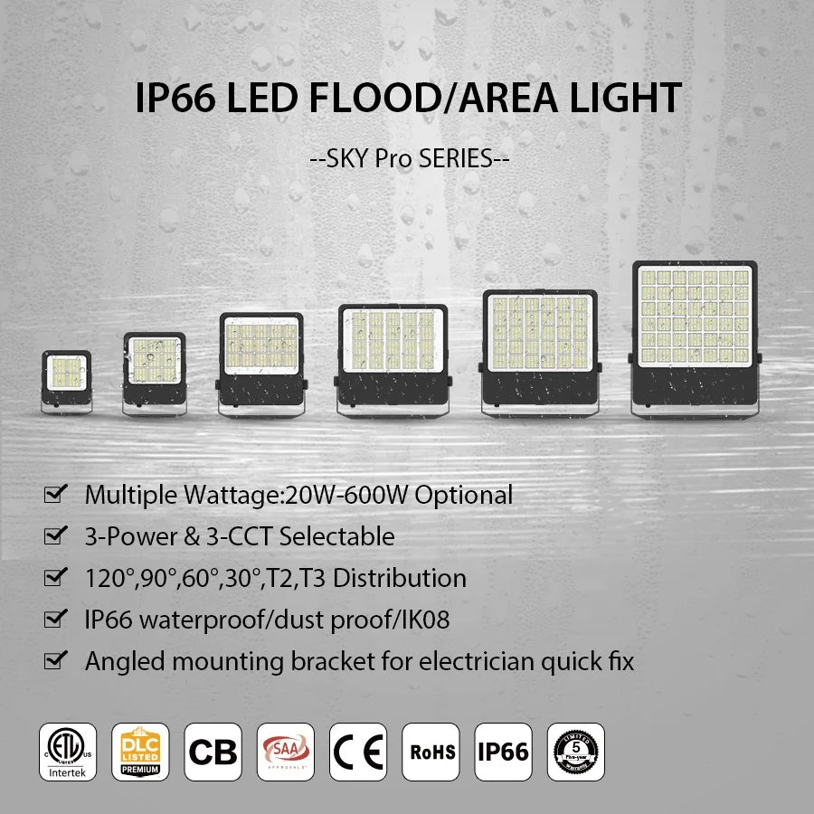 300W–600W LED Flood Light, DLC-Listed for Stadiums & Warehouses