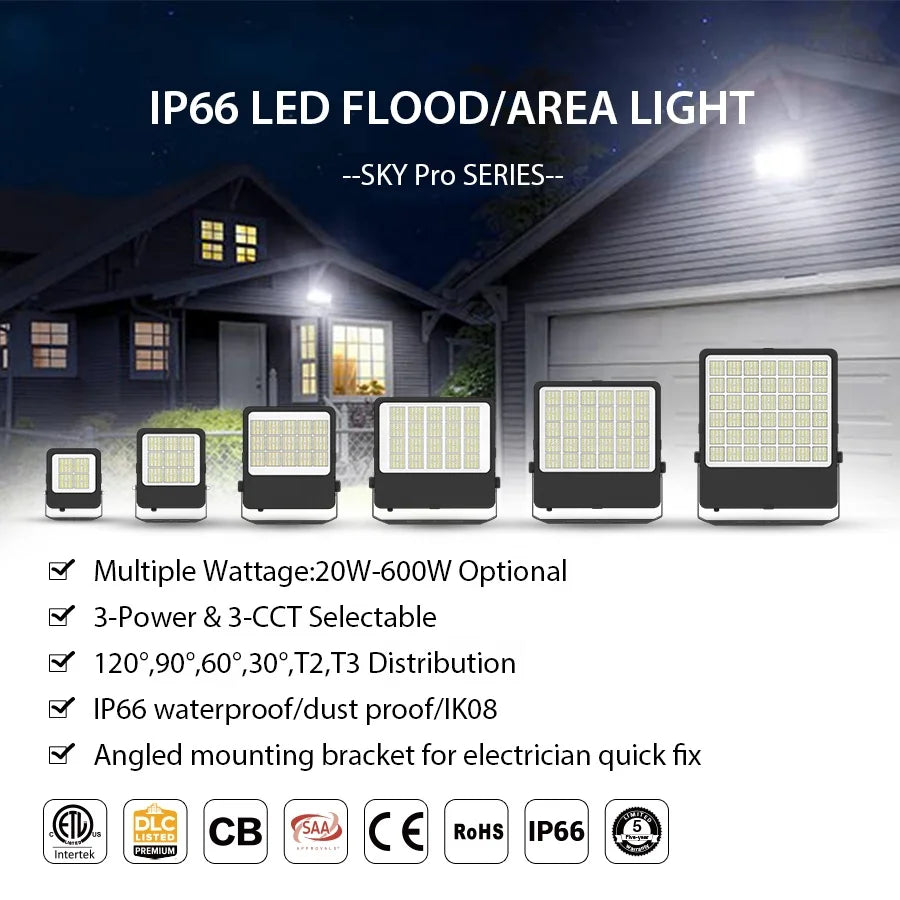 400W–600W LED Flood Light, Multi-Power for Courts & Warehouses