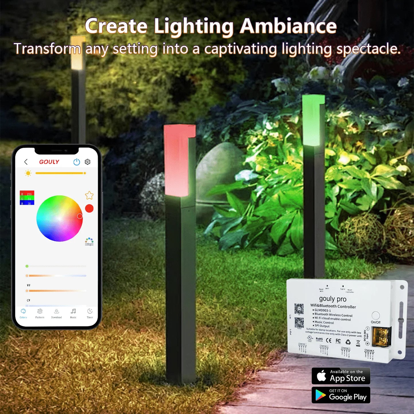 6W/12W RGBW LED Bollard Light, App-Controlled Pathway Lighting