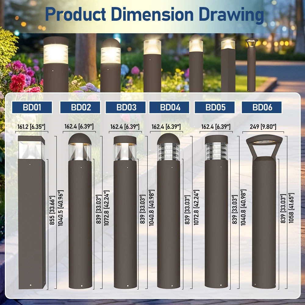 14W–24W LED Garden Pathway Bollard Light, IP65 Waterproof