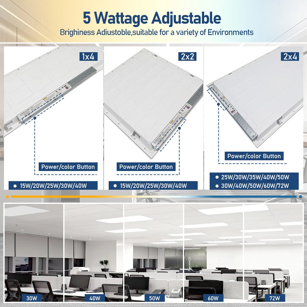 15W–72W Selectable LED Panel Light, Slim Commercial Ceiling Fixture
