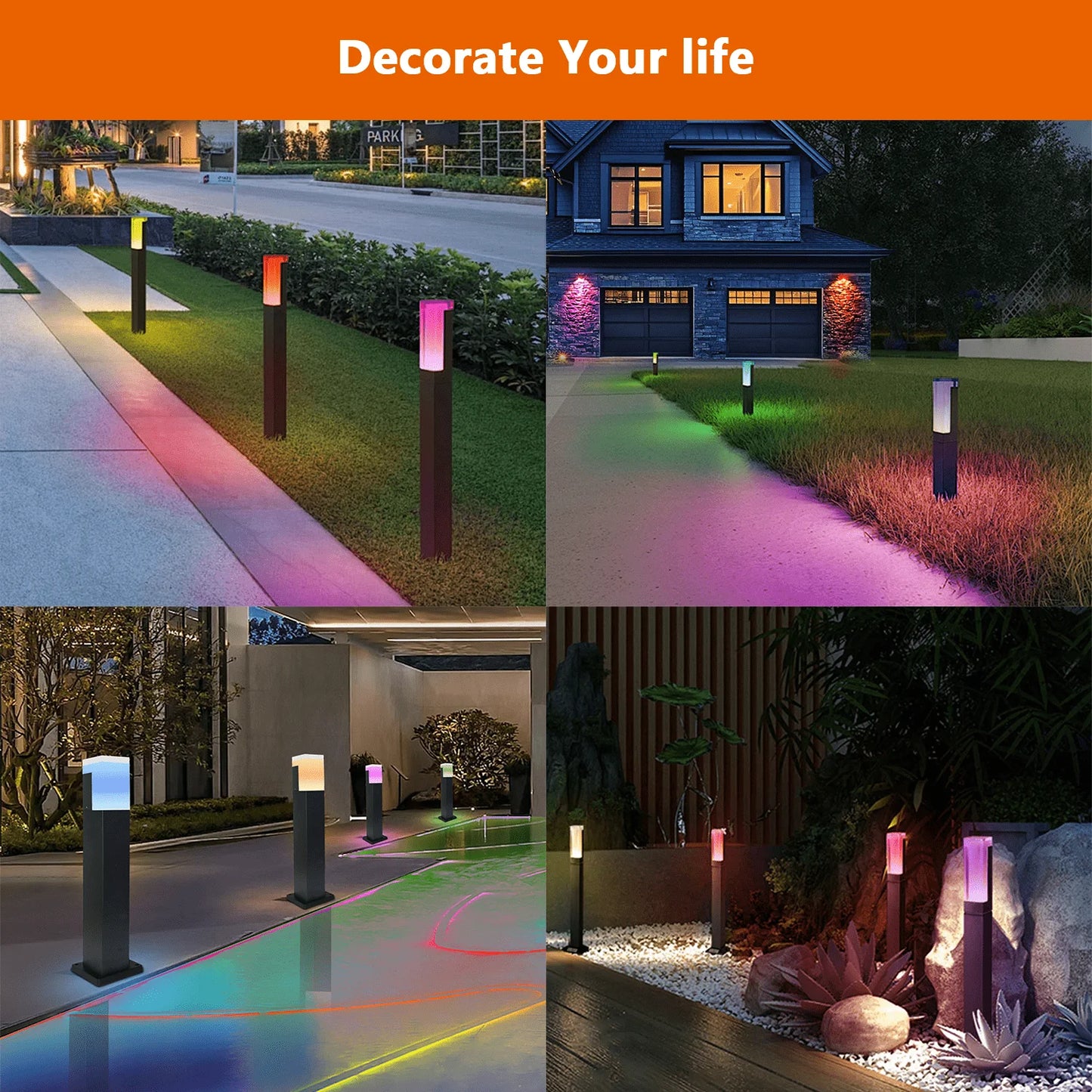 6W/12W RGBW LED Bollard Light, App-Controlled Pathway Lighting