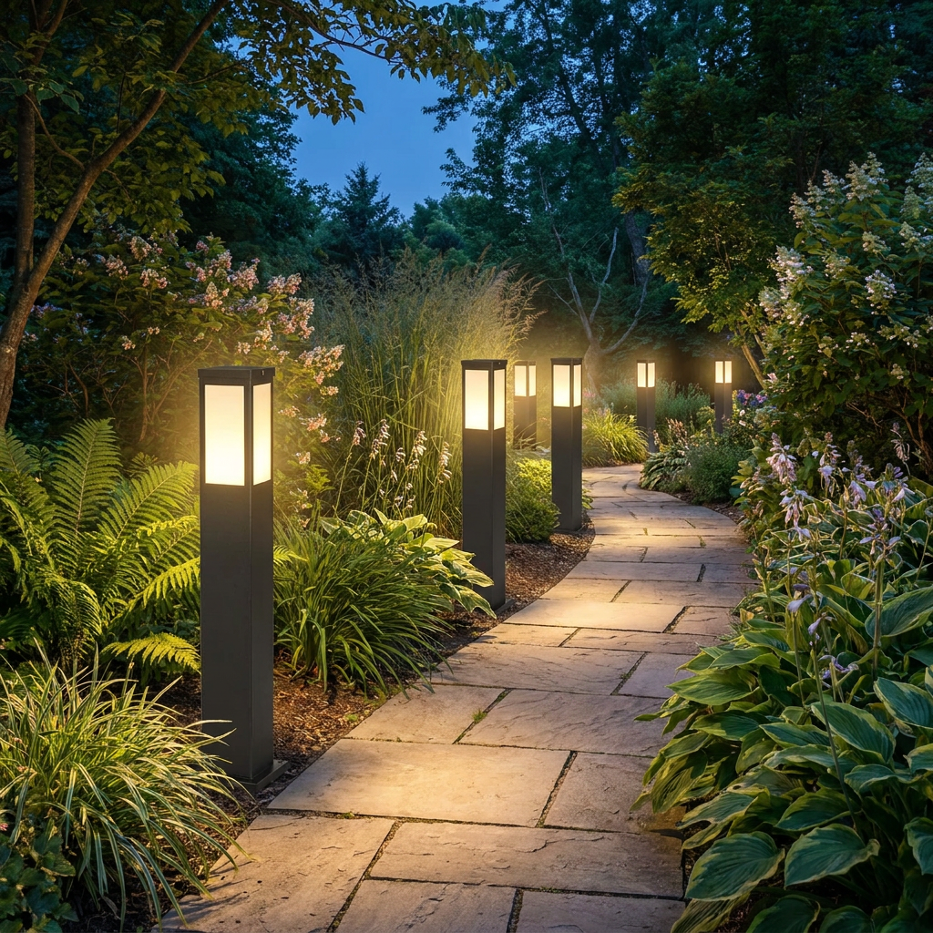 IP65 Waterproof LED Garden Bollard Lamp in use along a garden pathway at dusk