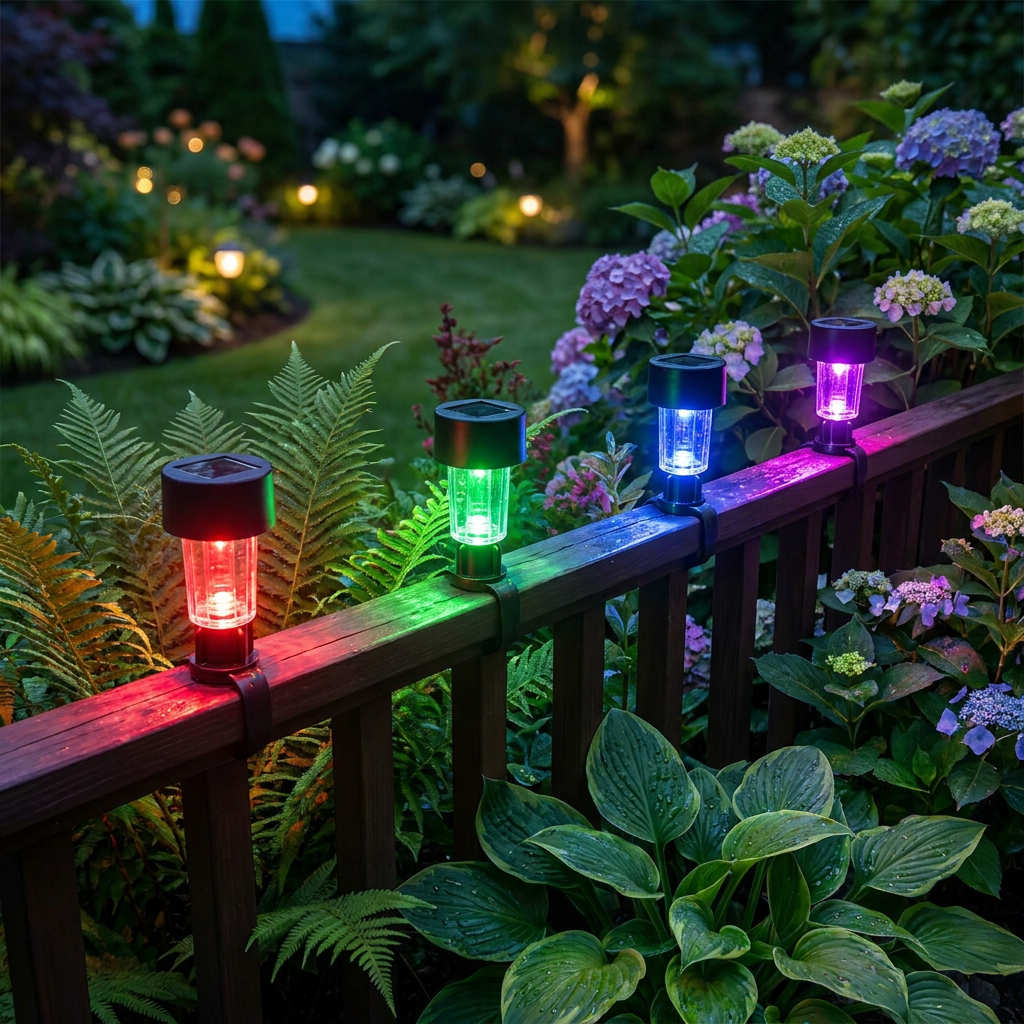 RGB Solar LED Strip Light installed along a garden railing at dusk