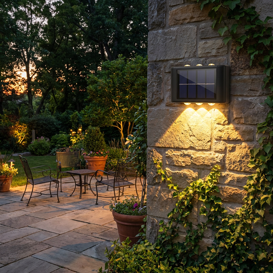 Solar Dusk-to-Dawn LED Wall Washer Light mounted on a garden wall