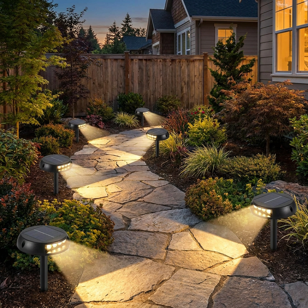 Solar LED Walkway Lights staked along a stone garden path