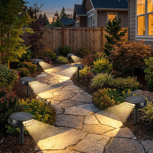Solar LED Walkway Lights staked along a stone garden path