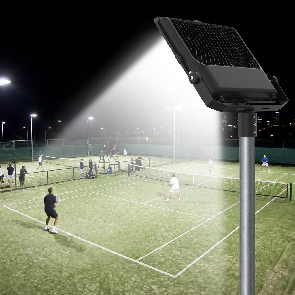 LED flood light illuminating a sports court at night