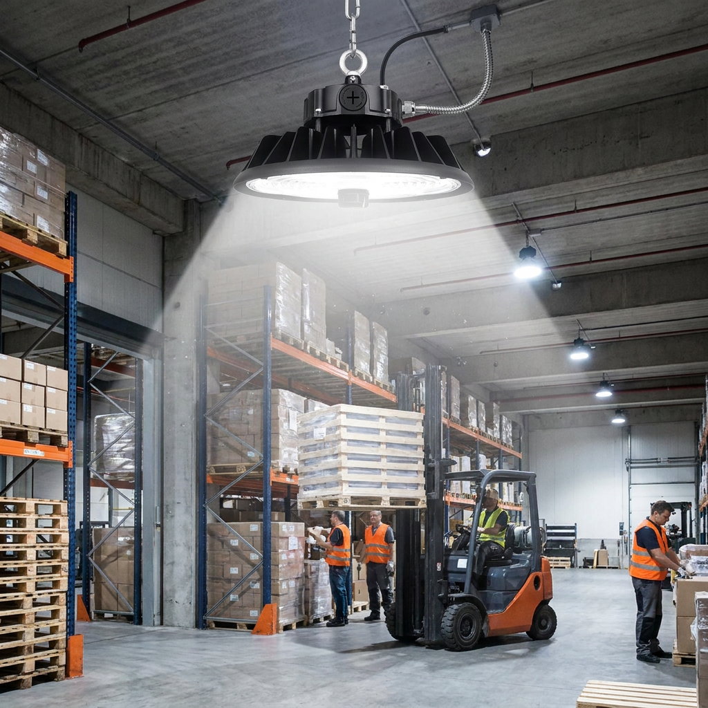 240W UFO LED High Bay Light illuminating a warehouse ceiling