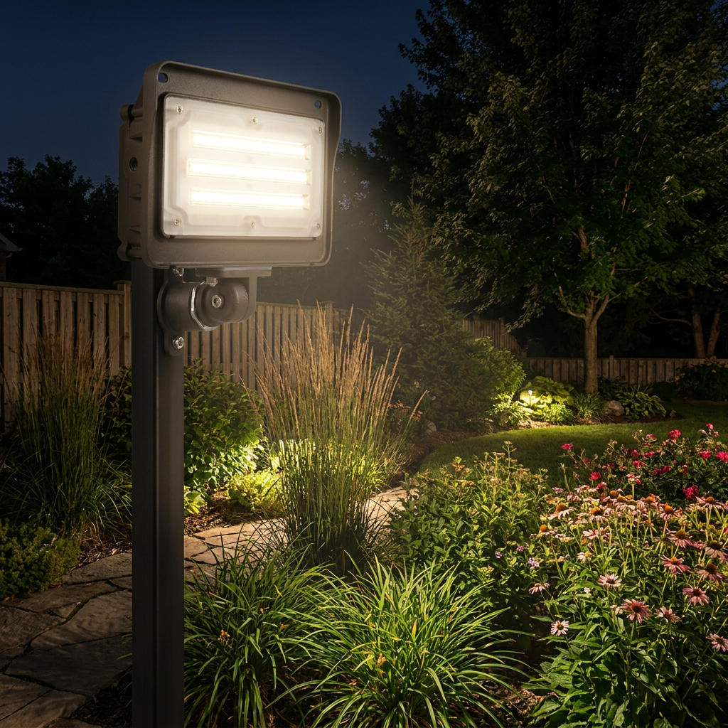 LED outdoor area light illuminating a garden at night