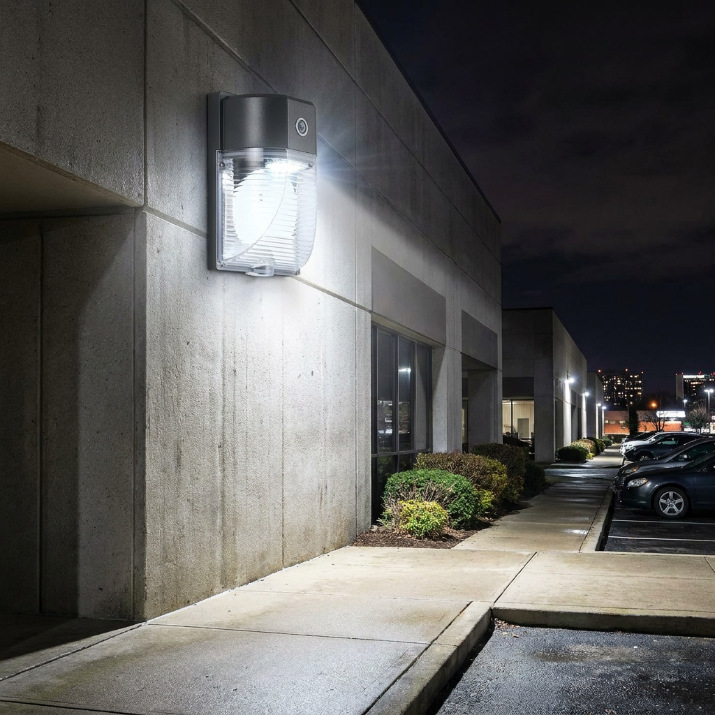 LED wall pack light mounted on a commercial building at night