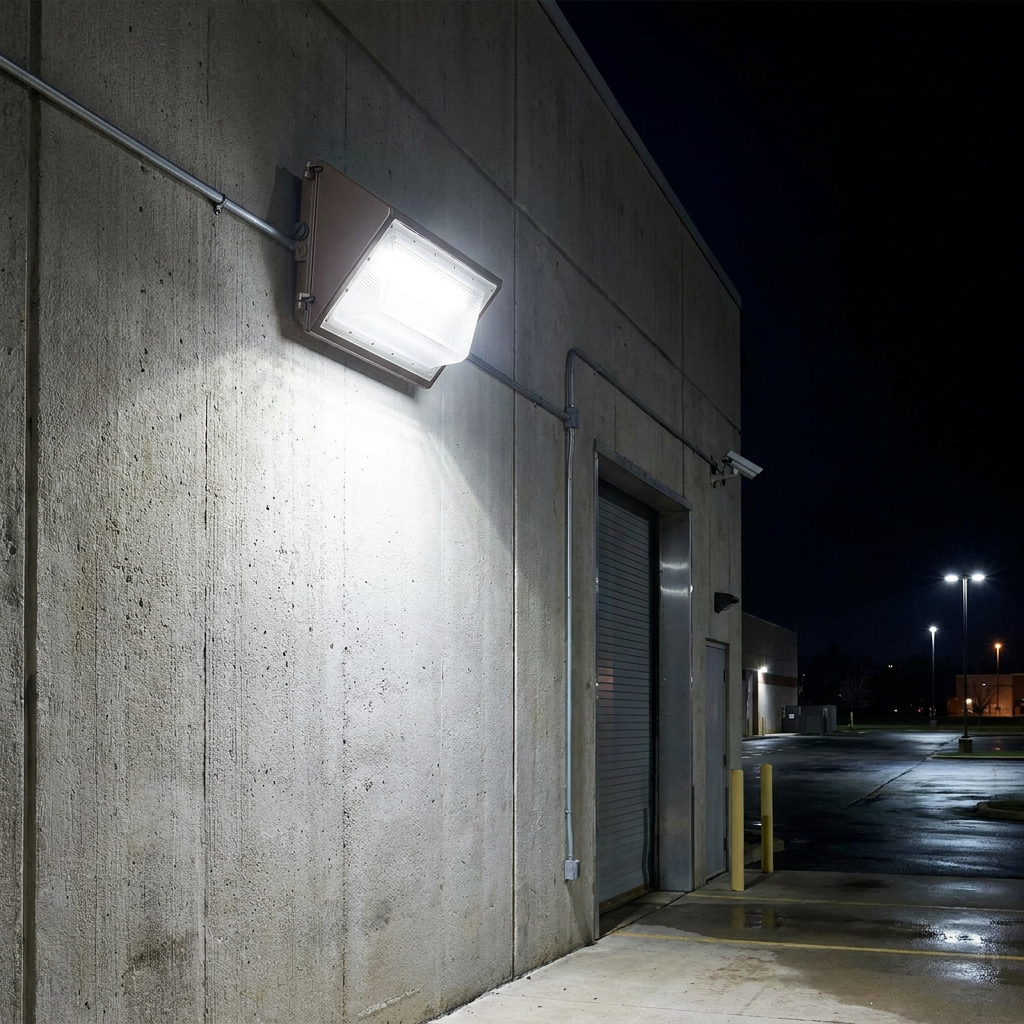 LED wall pack light mounted on a commercial building providing security lighting