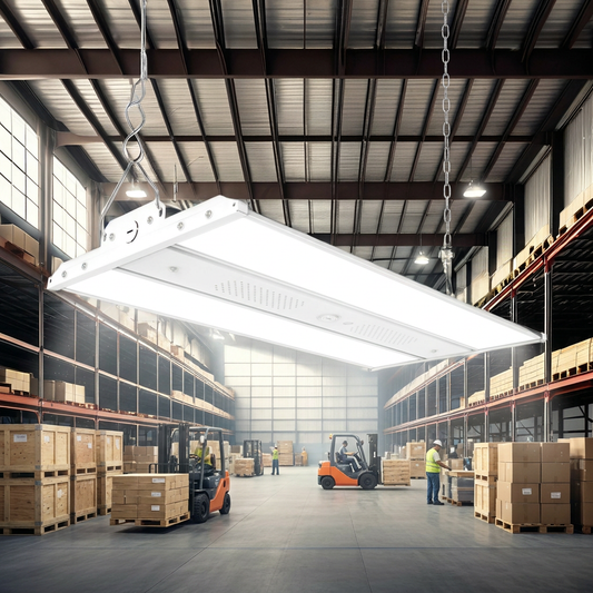 Linear LED high bay light illuminating a gym or warehouse ceiling