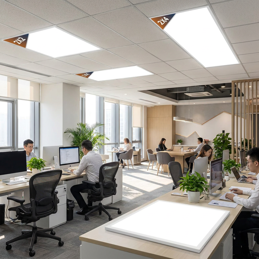 Slim LED panel light illuminating a commercial office ceiling