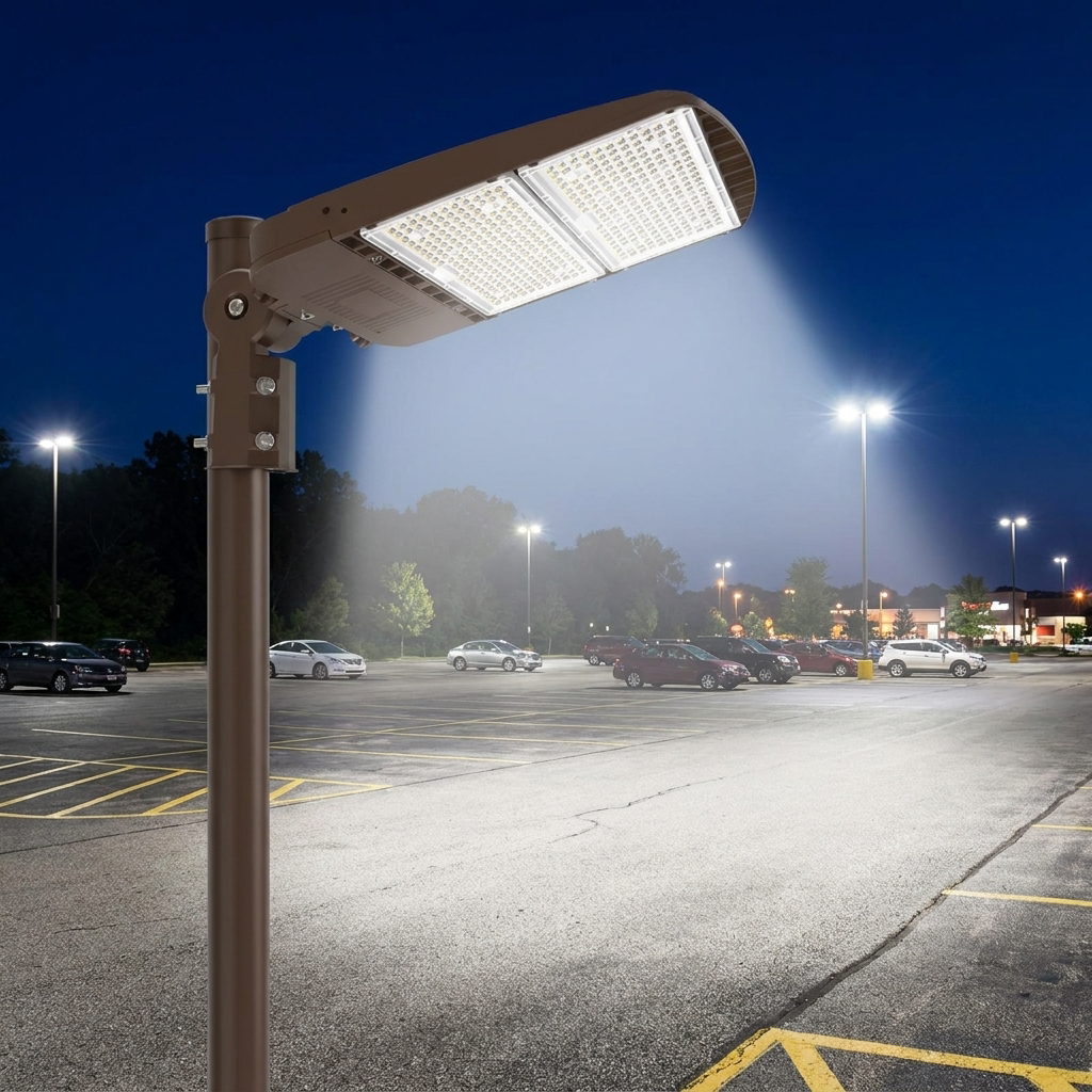LED shoebox area light illuminating a parking lot at night