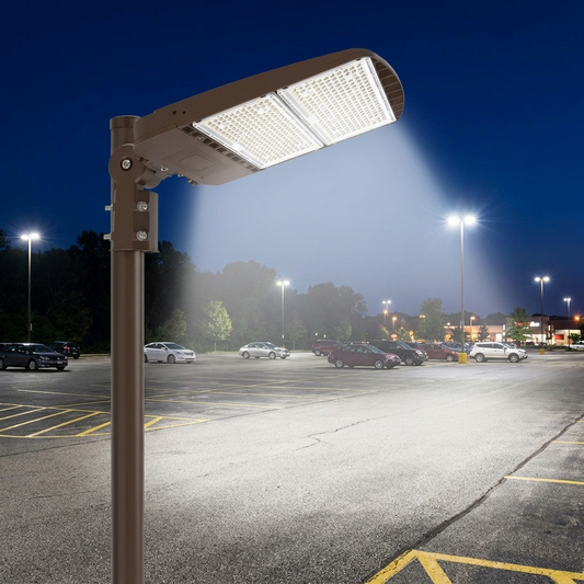 LED shoebox area light illuminating a parking lot at night
