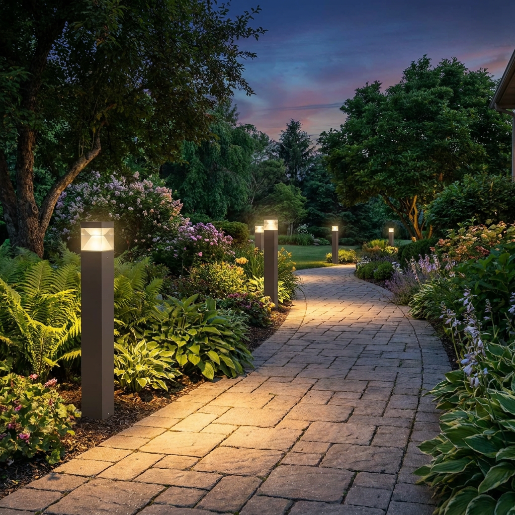 LED garden pathway bollard light along a stone path at dusk