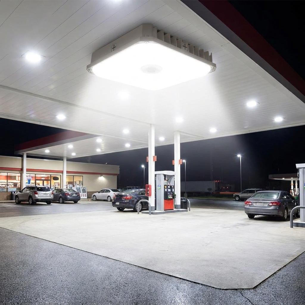 LED canopy light illuminating a gas station canopy at night