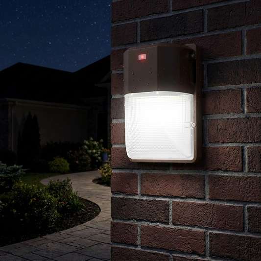 Mini LED wall pack light with photocell security sensor at night