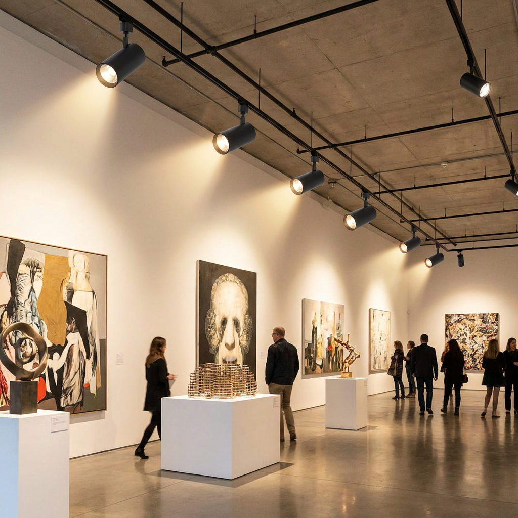 Adjustable COB LED track light illuminating a retail space
