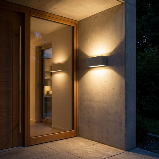 Square LED outdoor wall light beside a doorway at night