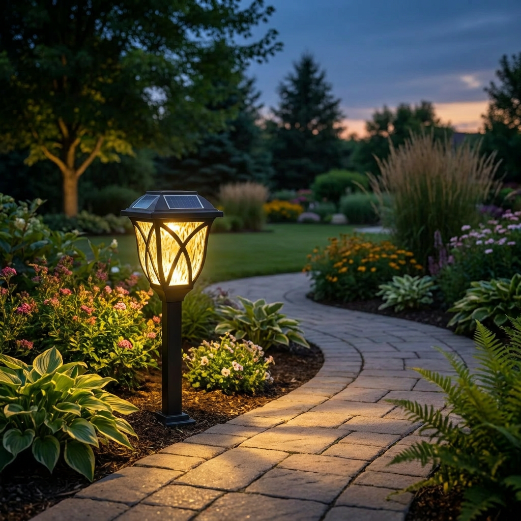 Solar LED pathway light along a garden path at dusk