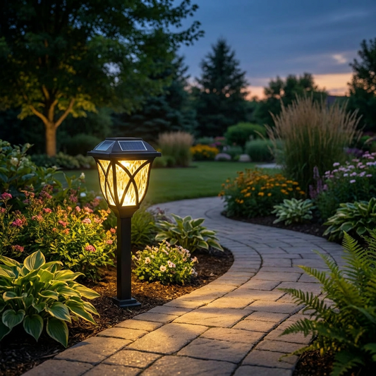 Solar LED pathway light along a garden path at dusk