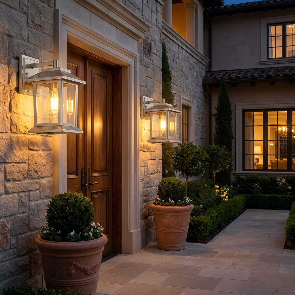 Stainless steel outdoor wall sconce beside a villa entrance at night