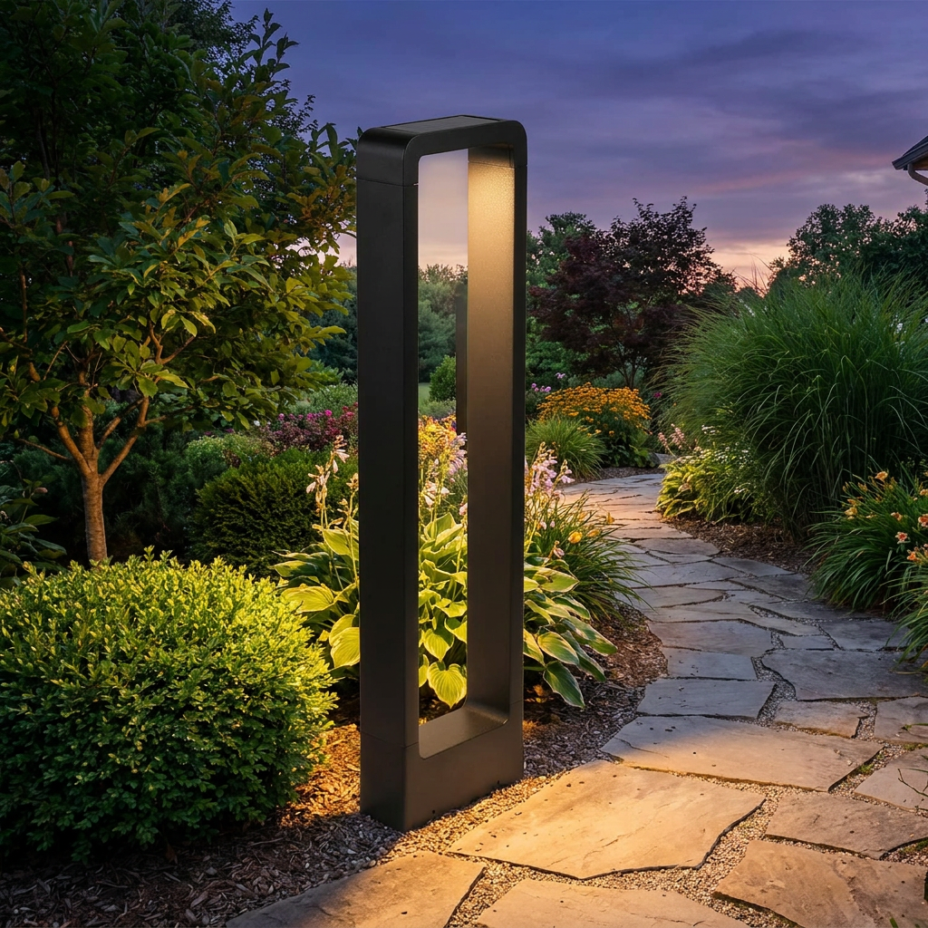 360 degree solar LED pathway light along a garden walkway at dusk