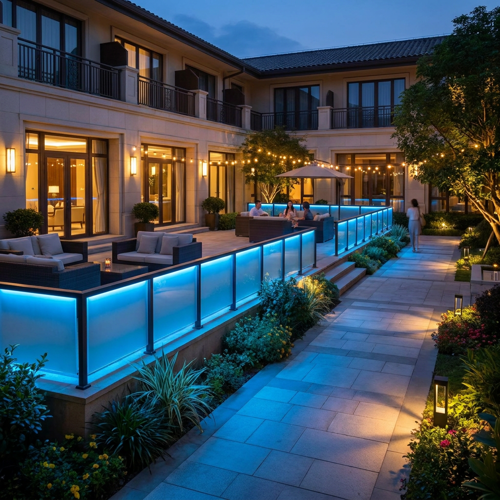 LED post bollard light in a hotel garden courtyard at dusk