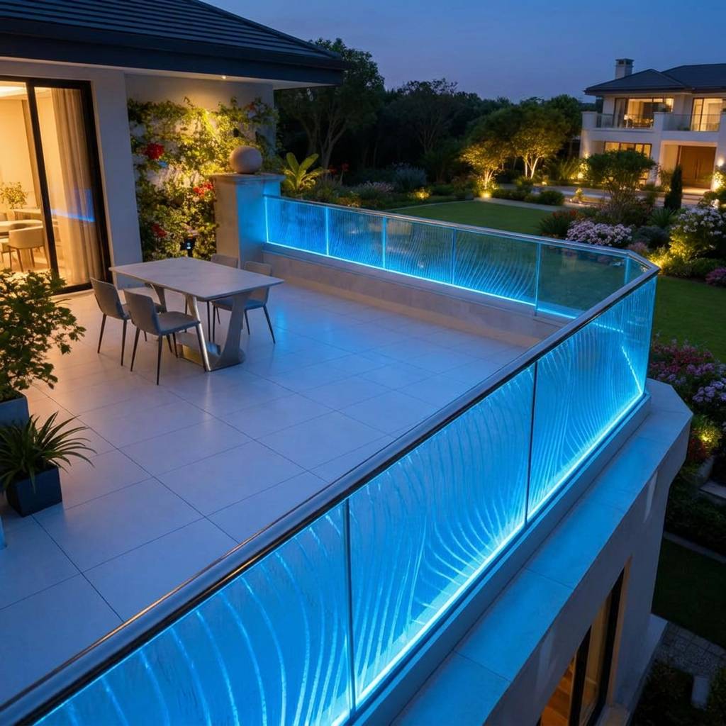 LED glass balustrade handrail glowing on a balcony at dusk