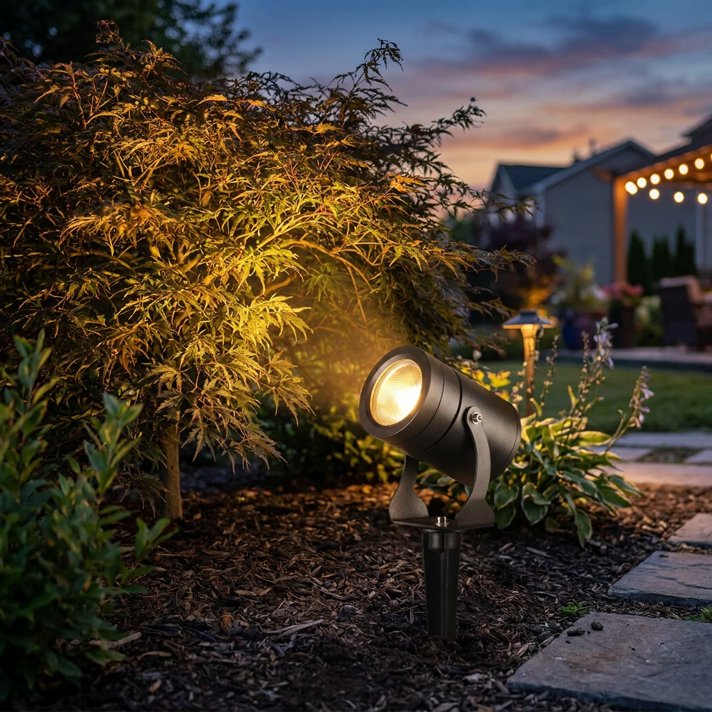 Low-voltage LED landscape spotlight uplighting a garden shrub at dusk