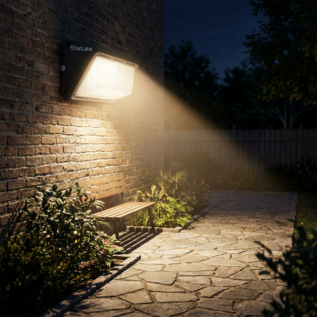 LED wall pack light illuminating an outdoor pathway at night