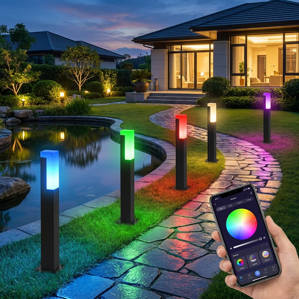 RGBW LED bollard light glowing along a pathway at dusk