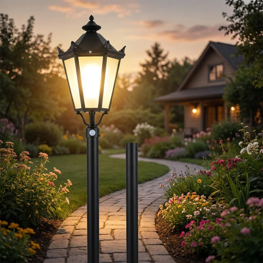 Aluminum LED garden street light illuminating a path at dusk