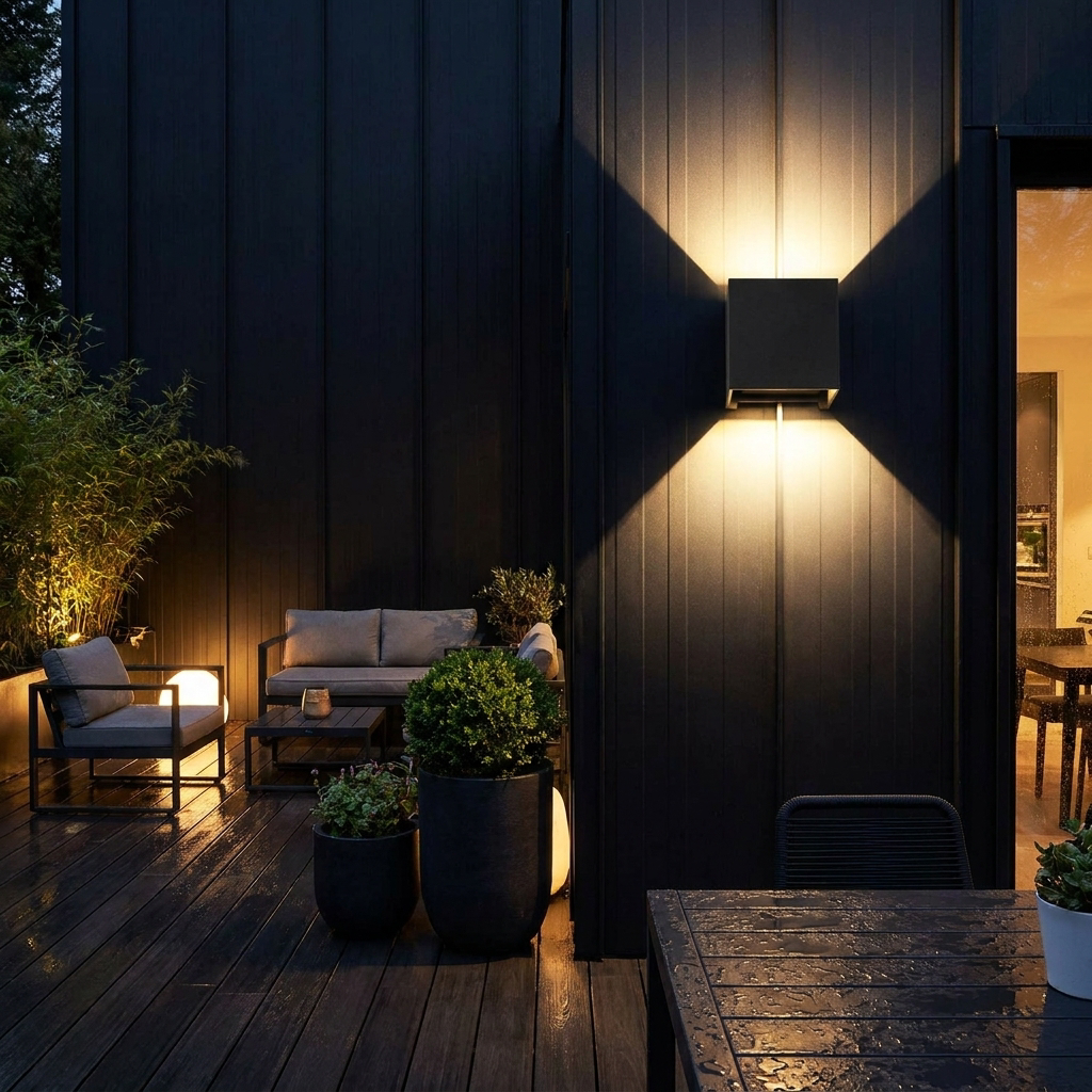 Up and down LED outdoor wall light on a patio at night