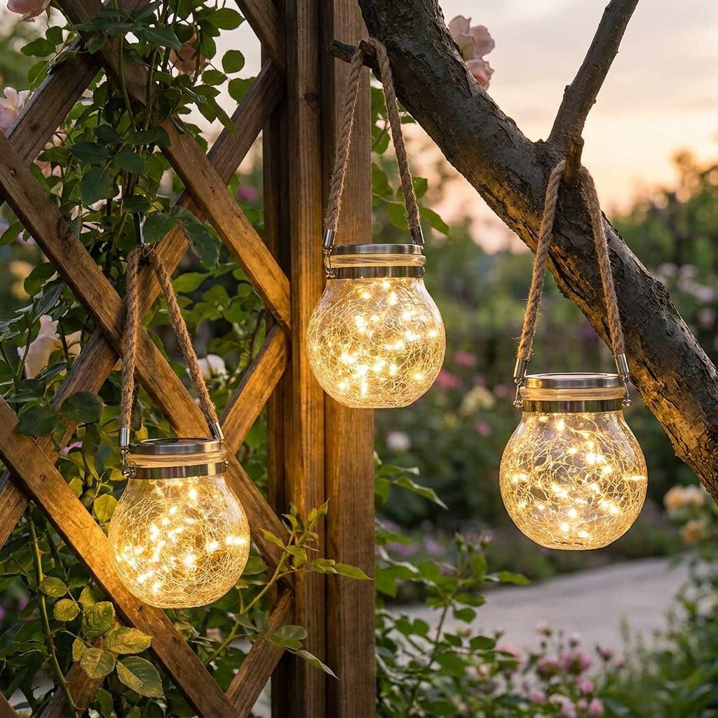 Solar LED mason jar lantern hanging in a garden at dusk