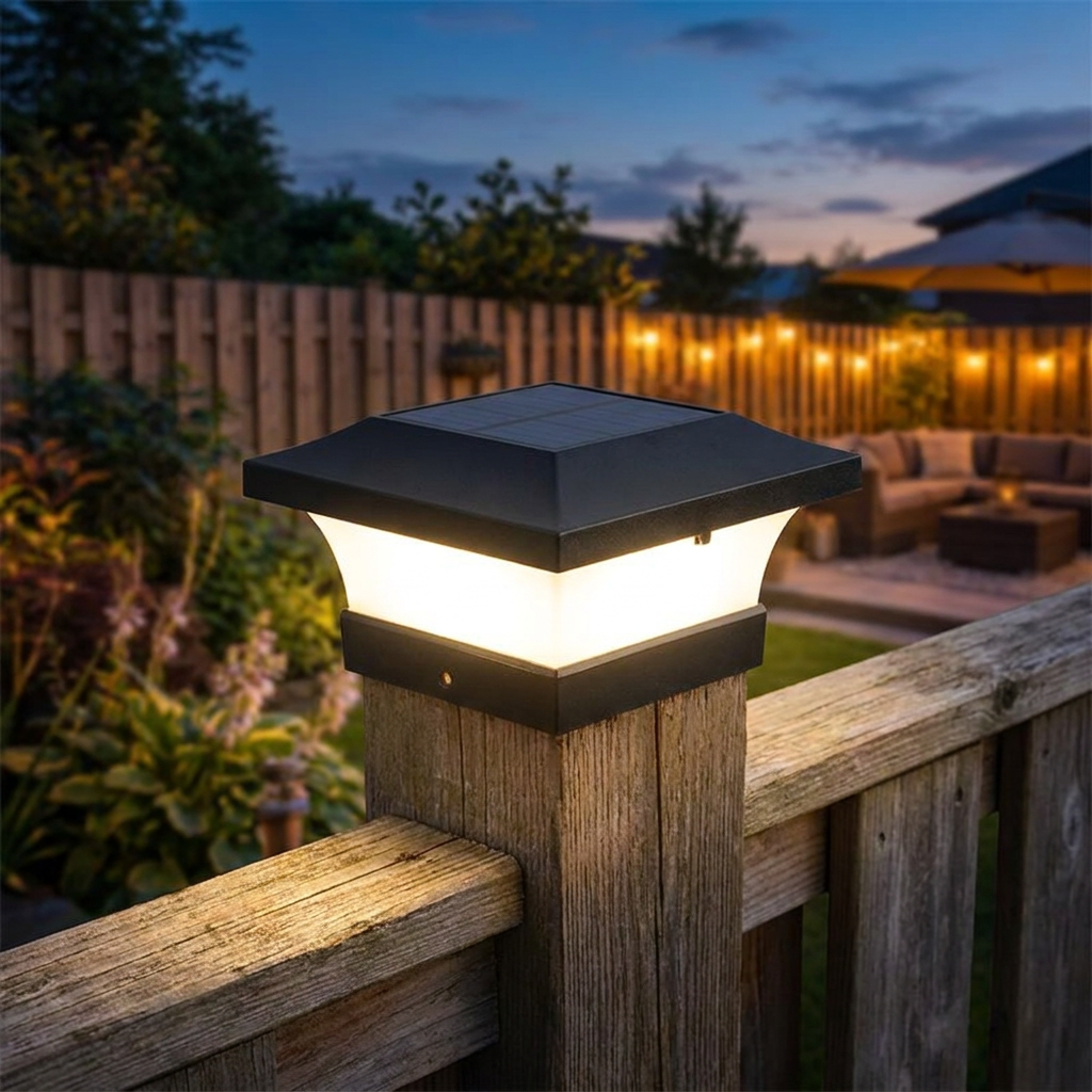 Solar LED post cap light on a wood fence post at dusk