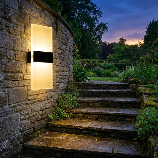 LED acrylic step and wall light illuminating a garden staircase