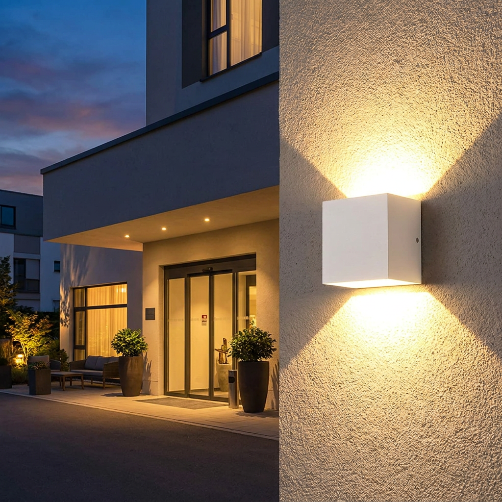 Modern LED wall lamp mounted on a porch wall at dusk