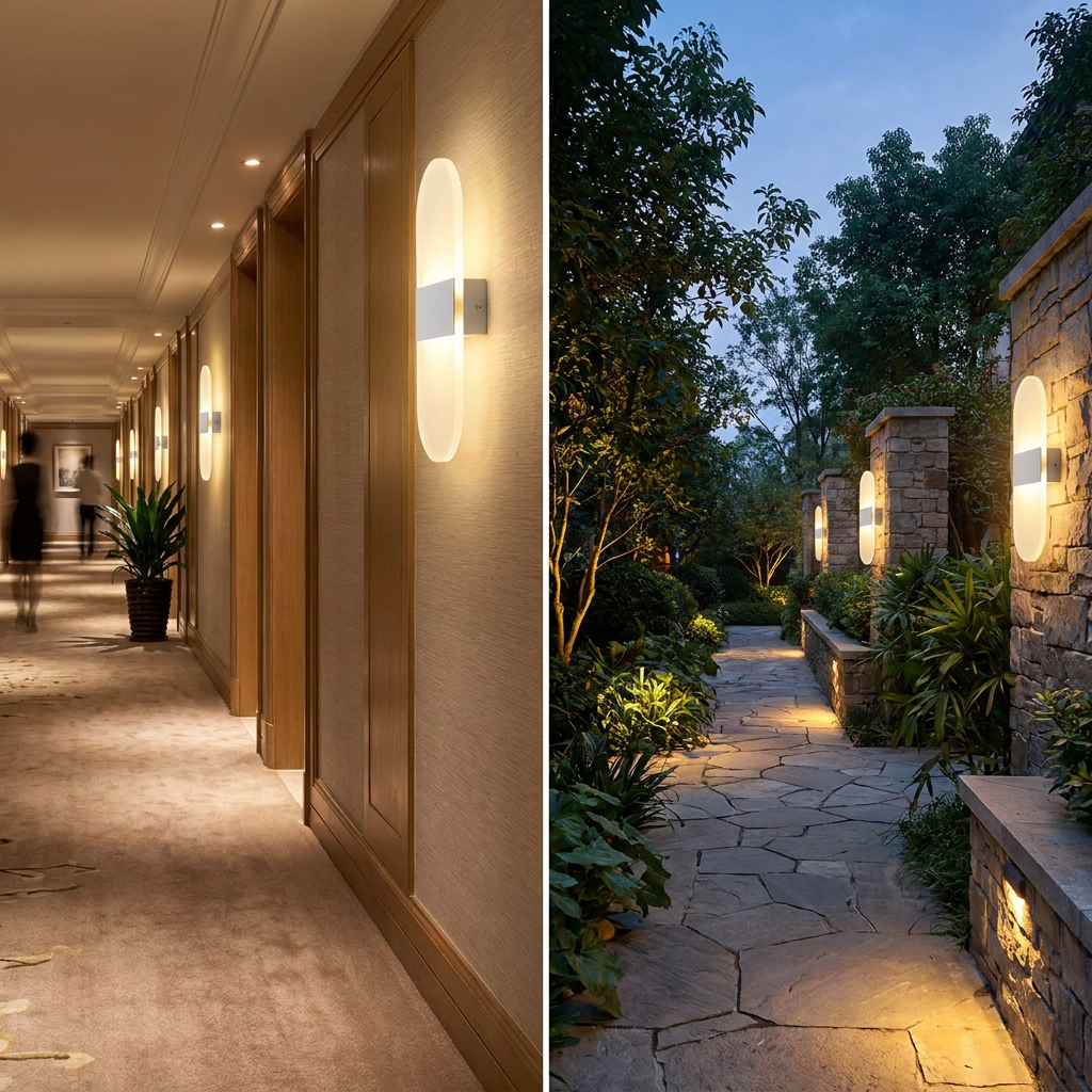 LED corridor and garden wall lamp glowing at dusk