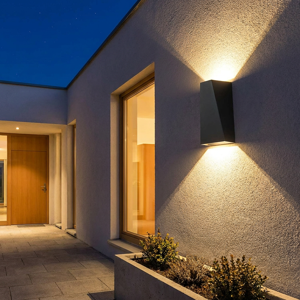 Up and down waterproof LED wall lamp on a bedroom exterior wall at night