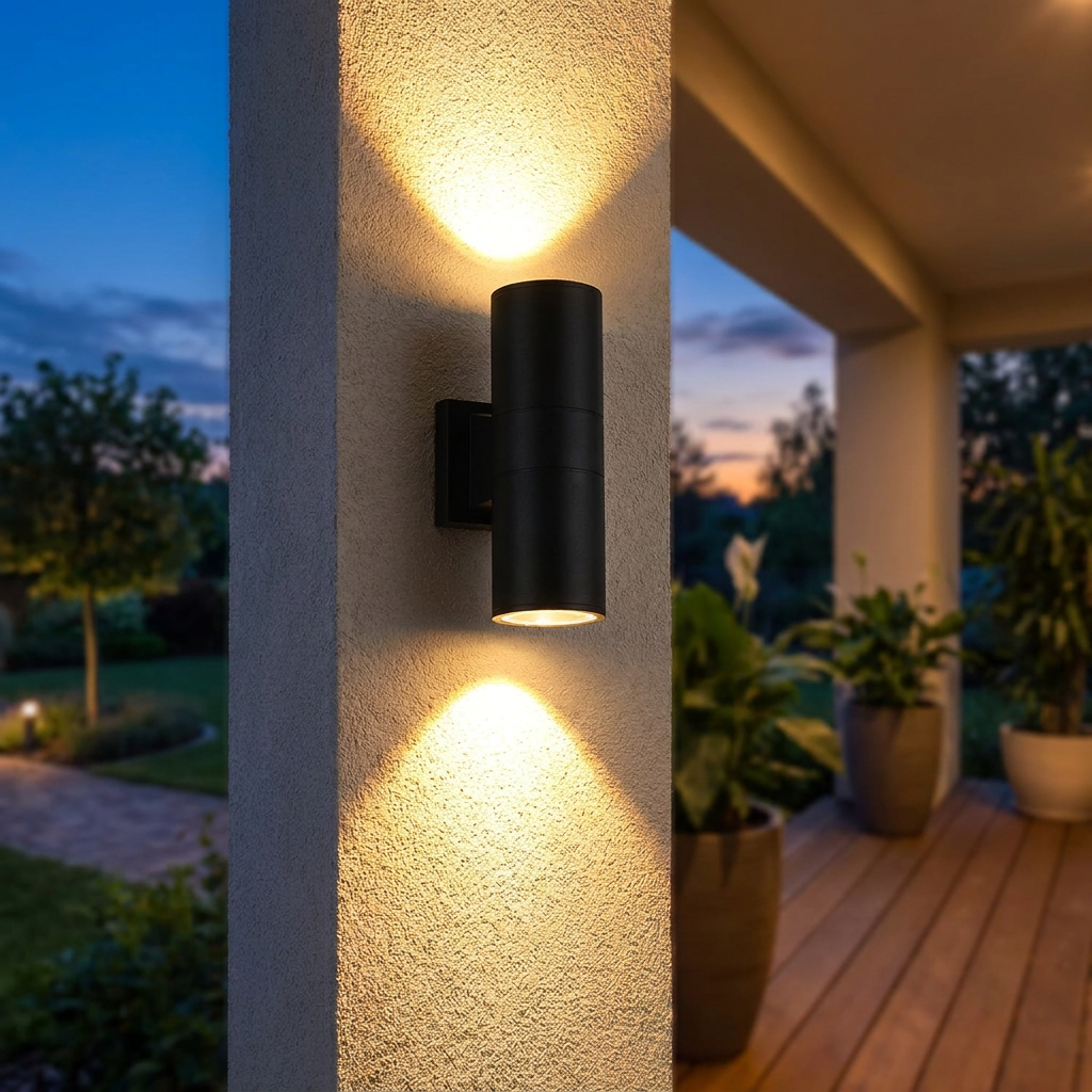 High-power up and down LED sconce on a corridor wall at dusk