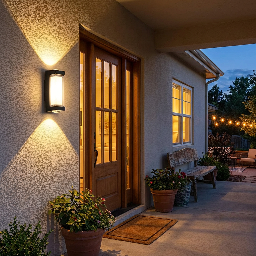 LED upper and lower porch wall lamp glowing at dusk