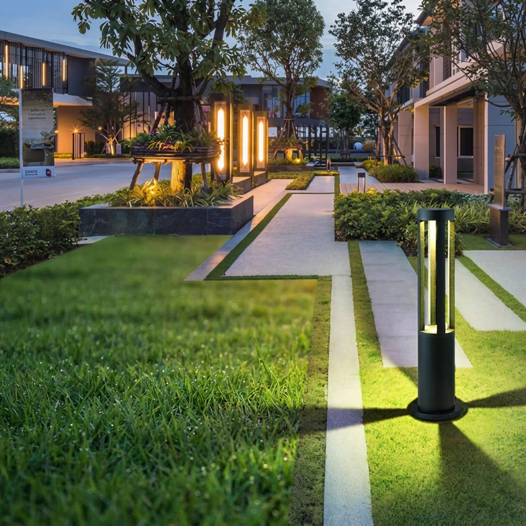 LED garden bollard lawn light glowing at dusk