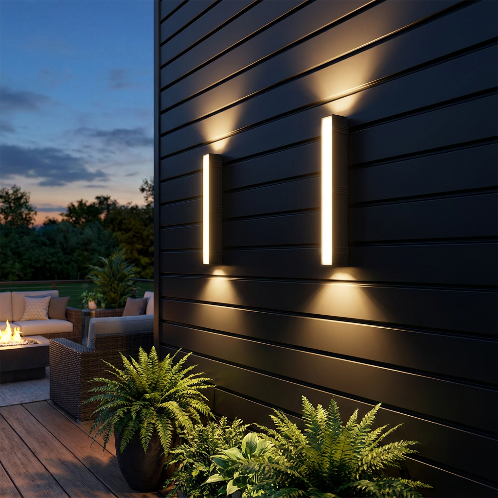 Linear up and down LED wall light on an exterior wall at dusk