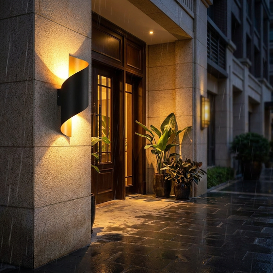IP65 LED outdoor wall light outside a hotel corridor at night