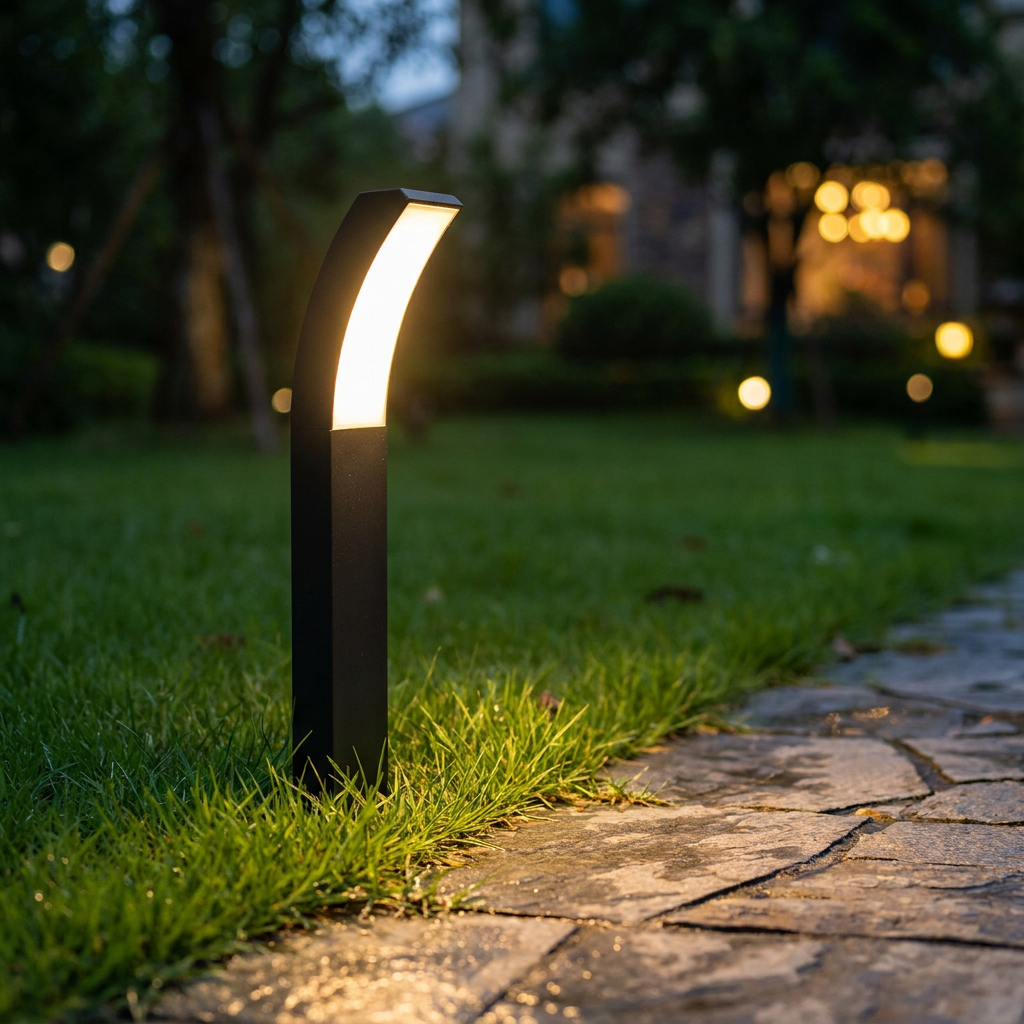 European-style LED garden lawn light along a lawn border at dusk